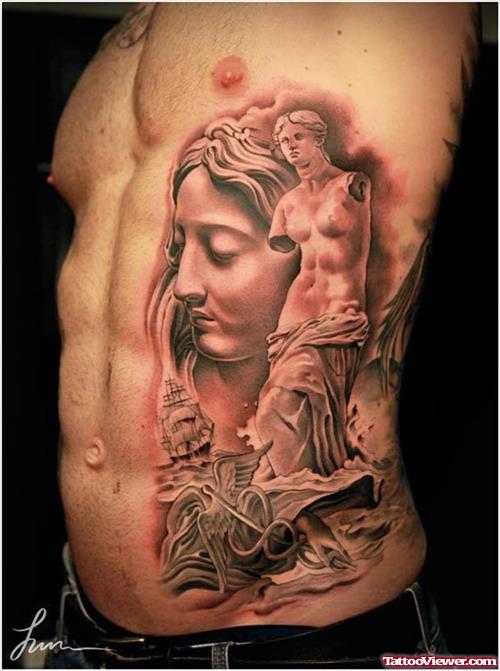 Grey Ink Religious Greek Tattoo On Side Rib