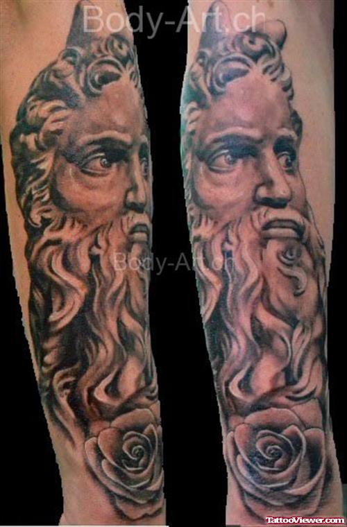 Grey Ink Greek God Tattoo On Sleeve