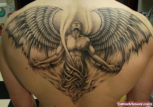 Grey Ink Angel Greek Tattoo On Back Body