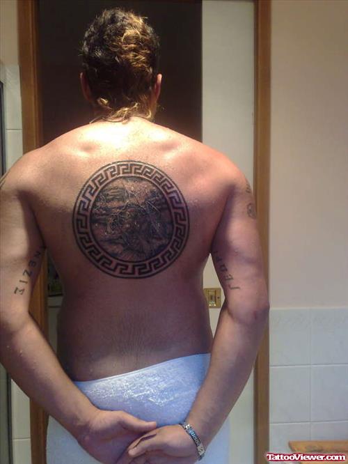 Greek Tattoo On Man Back Body