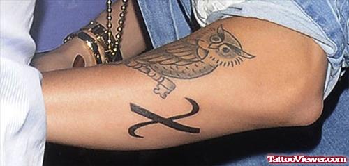 Greek Owl Tattoo On Left Sleeve