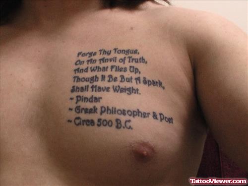 Greek Lettering Tattoo On Man Chest