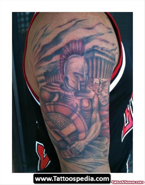Color Ink Spartan Greek Tattoo On Right Half Sleeve