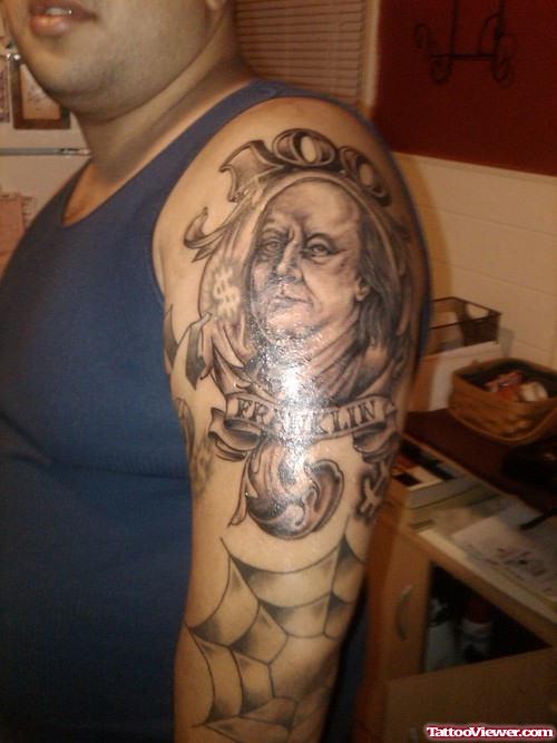 Amazing Grey Ink Greek Tattoo On Man Left Sleeve
