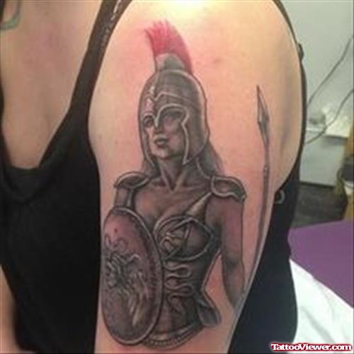 Grey Ink Spartan Girl Greek Tattoo On Left Half Sleeve