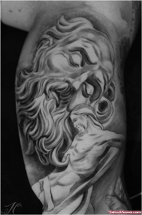 Grey Ink Greek Tattoo On Muscles