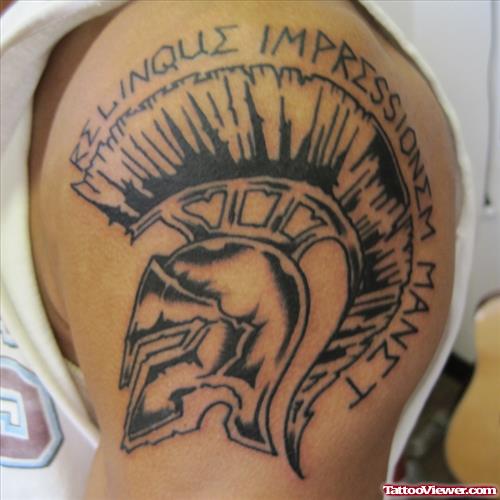 Grey Ink Greek Spartan Tattoo On Left Shoulder