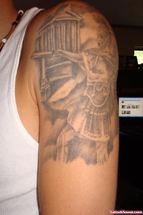 Beautiful Grey Ink Greek Tattoo On Man Left Half Sleeve