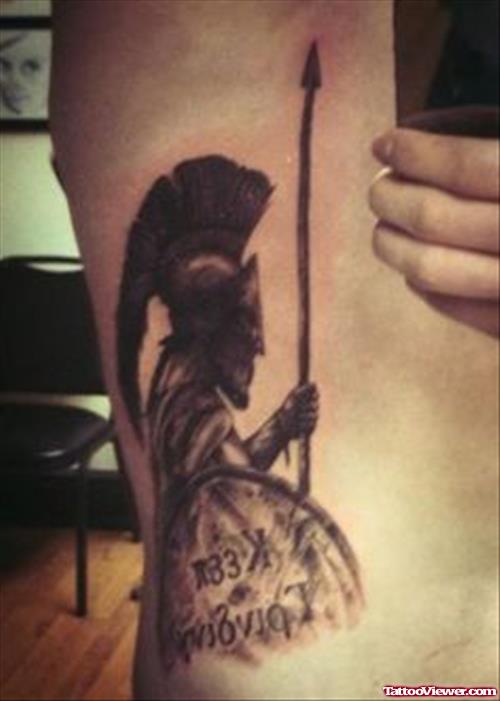 Grey Ink Warrior Side Rib Greek Tattoo