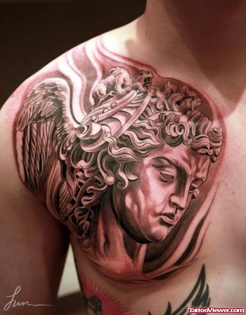 Grey Ink Greek Tattoo On Man Chest