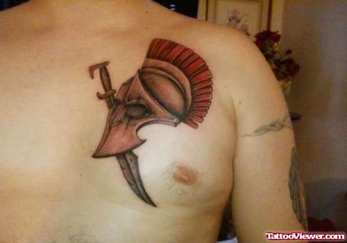 Grey Ink Greek Spartan Head Tattoo