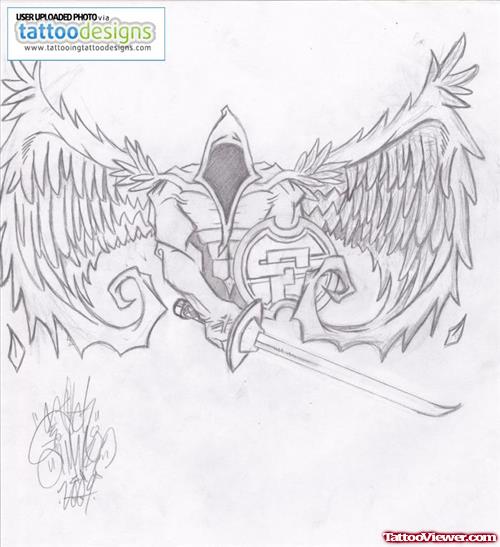 Grey Ink Angel Winged Warrior  Greek Tattoo