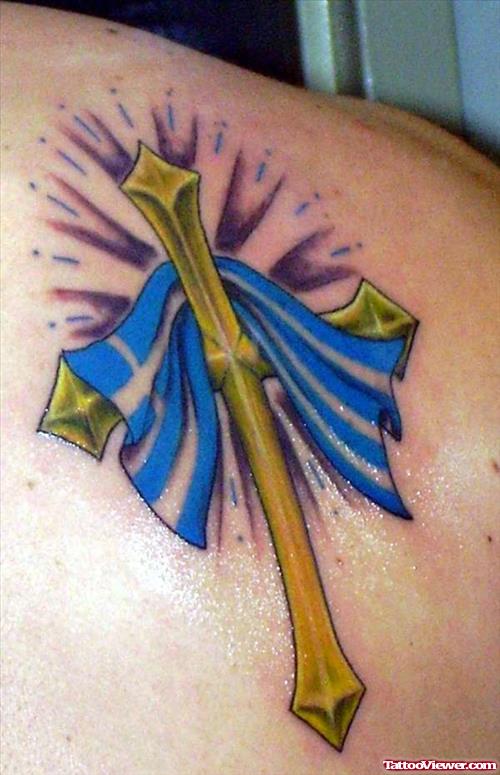 Colored Greek Flag Tattoo On Back Shoulder