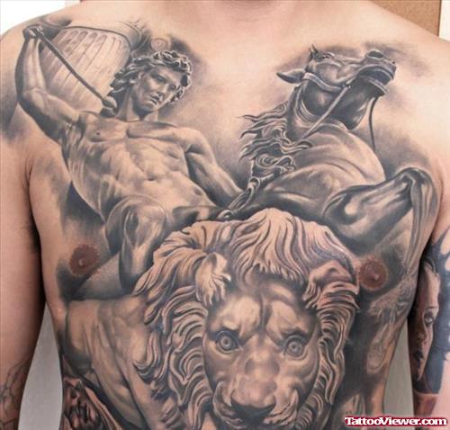 Classic Grey Ink Greek Tattoo On Man Chest