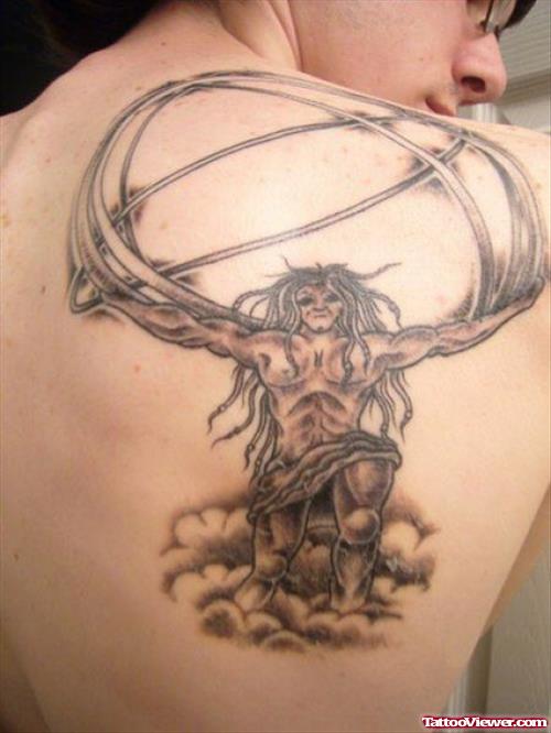 Amazing Grey Ink Greek Tattoo On Right Back Shoulder