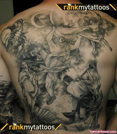 Grey Ink Greek Tattoo On Man Back