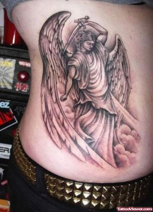 Grey Ink Angel Greek Tattoo On Side Rib