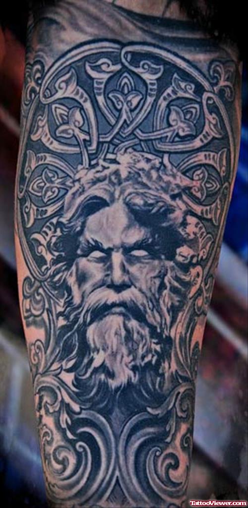 Dark Ink Greek Tattoo On Sleeve