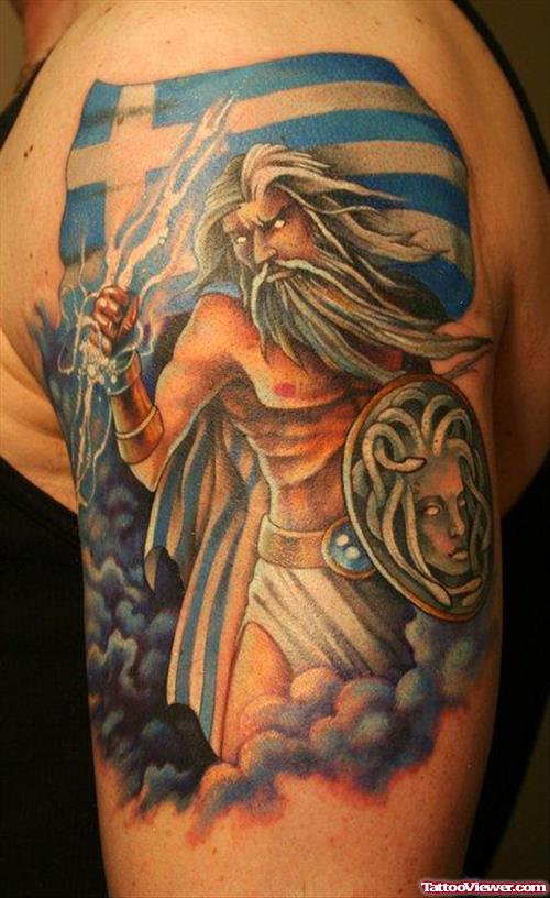 Colored Greek Warrior Tattoo On Left Half Sleeve