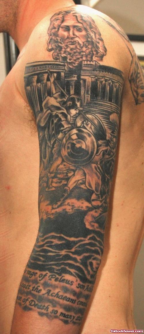 Awful Greek Tattoo On Man Left Sleeve