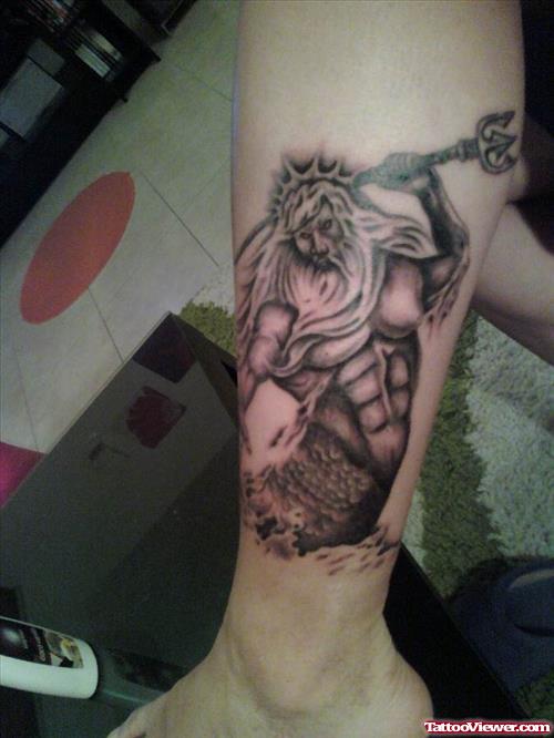 Attractive Grey Ink Greek Tattoo On Left Leg