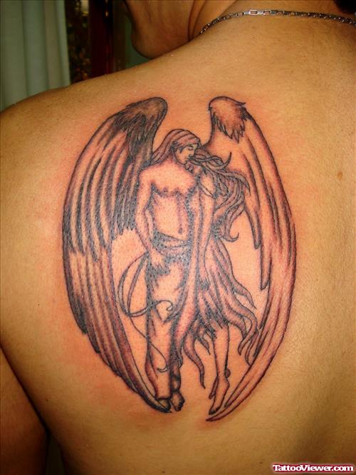 Angel Greek Tattoo On Back Shoulder