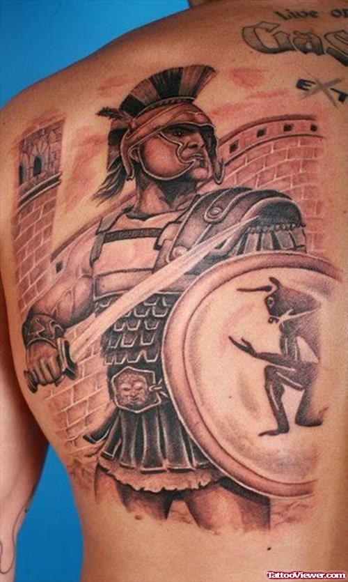 Grey Ink warrior Greek Tattoo On Back Body