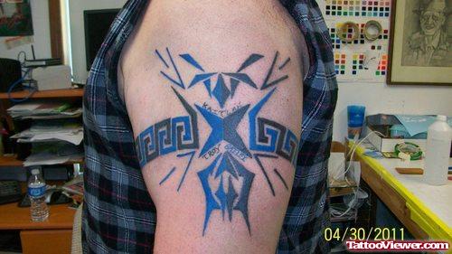 Grey And Blue Ink Greek Tattoo On Left Bicep