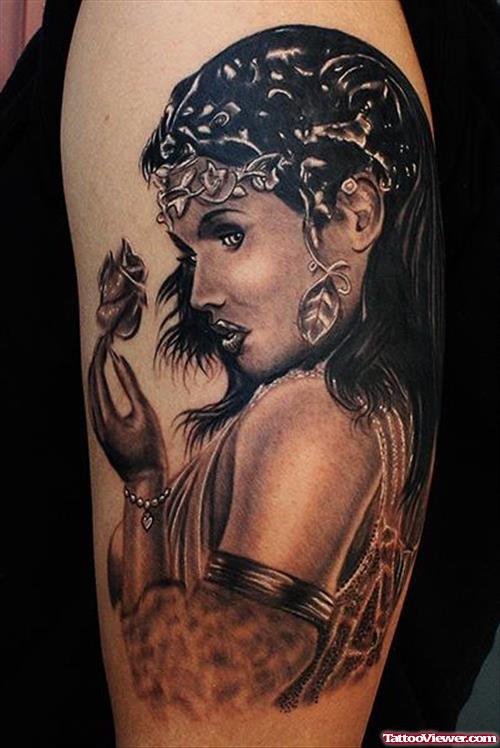 Greek Girl Tattoo On Left Half Sleeve
