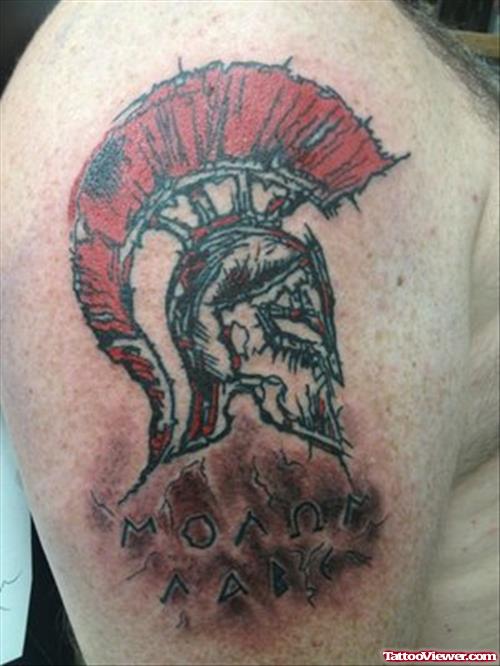 Color Ink Greek Tattoo On Man Right Bicep