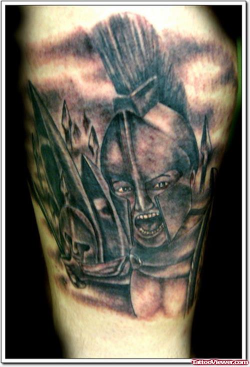 Awesome Dark Ink Greek Tattoo On Sleeve