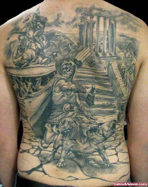 Amazing Grey Ink Greek Tattoo On Back Body