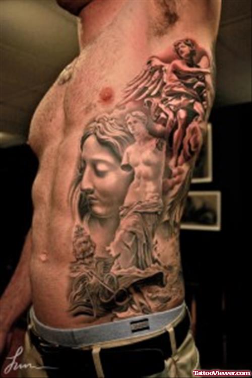 Grey Ink Greek Tattoo On Side Rib