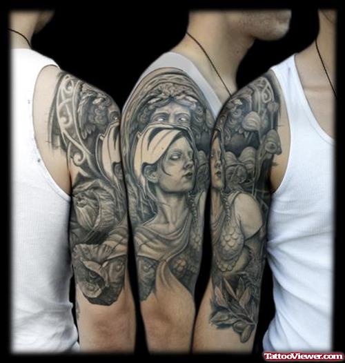 Grey Ink Athena Medusa Greek Tattoo On Half Sleeve