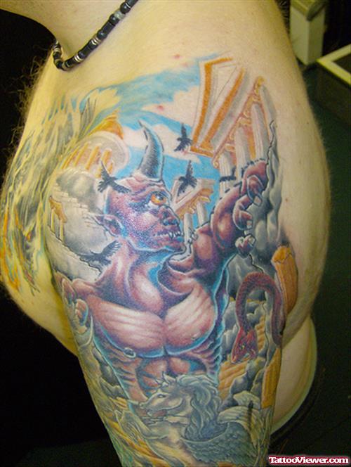 Colored Warrior Greek Tattoo On Left Half Sleeve