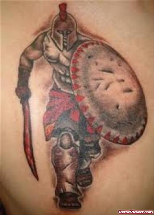 Color Ink Spartan Greek Tattoo On Back Shoulder