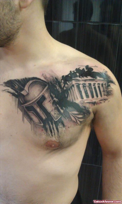 Awesome Black Ink Greek Tattoo On Man Chest