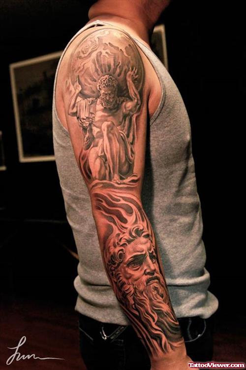 Grey Ink Greek Tattoo On Right Sleeve