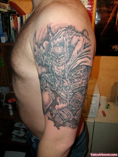 Grey Ink Greek Tattoo On Left Half sleeve