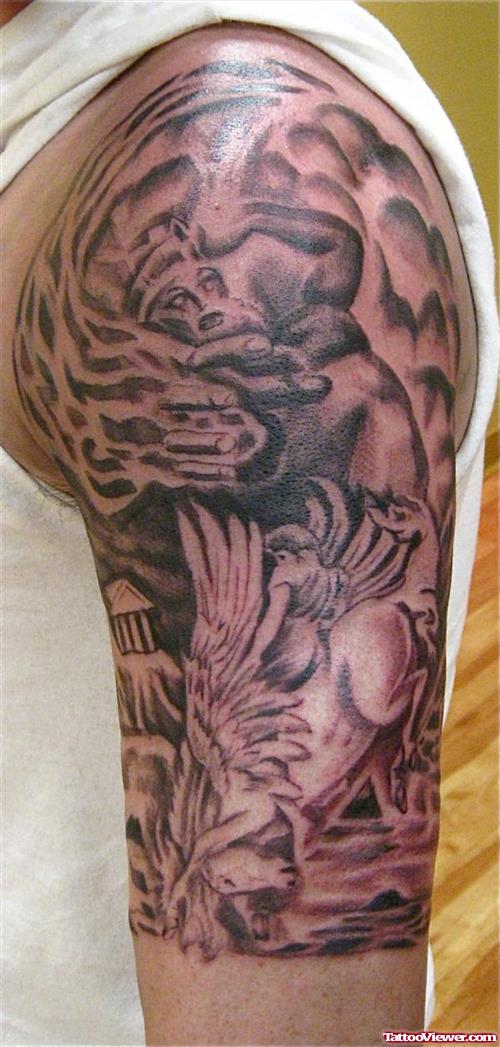 Grey Ink Greek Tattoo On Half Sleeve