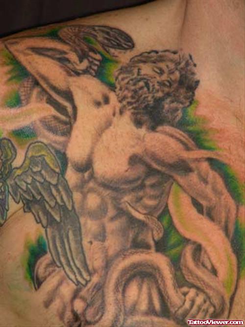Grey Ink angel Greek Tattoo On Chest
