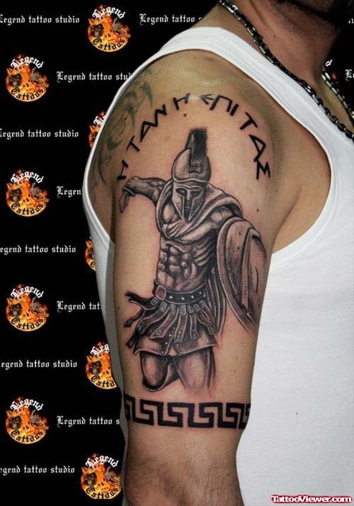 Awesome Grey Ink Spartan Greek Tattoo On Right Half Sleeve