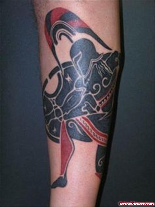 Awesome Black Ink Greek Tattoo On Sleeve
