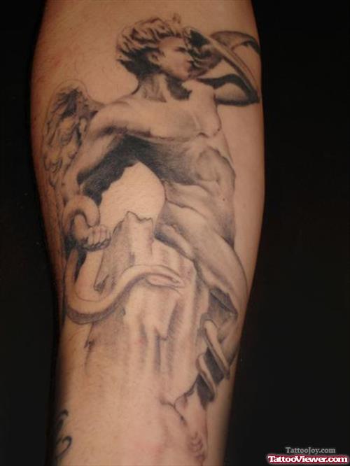 Grey Ink Angel Greek Tattoo On Arm