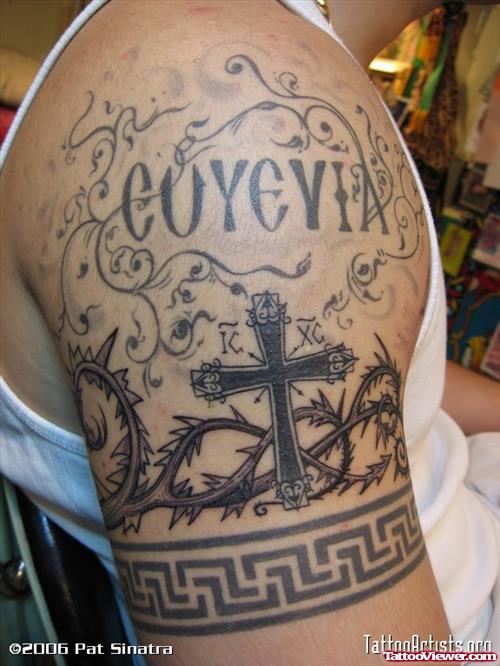 Greek Cross Tattoo On Right Half Sleeve