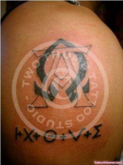 Black Onk Greek Tattoo On Shoulder
