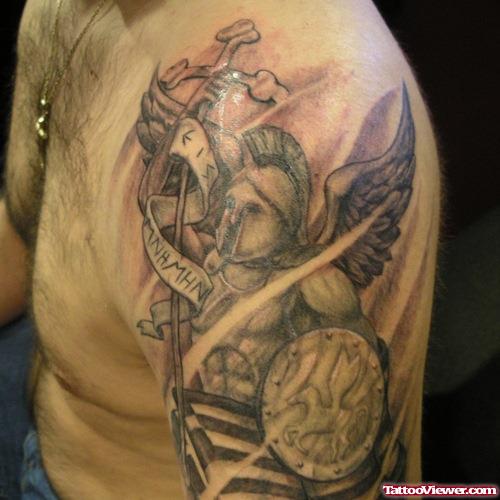 Amazing Grey Ink Greek Tattoo On Left Half Sleeve
