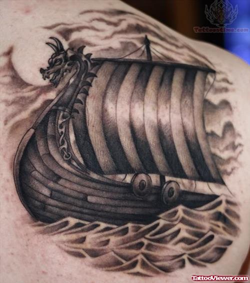 Grey Ink Viking Ship Greek Tattoo On Back Shoulder