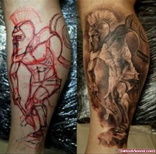 Grey Ink Spartan Greek Tattoo On Leg