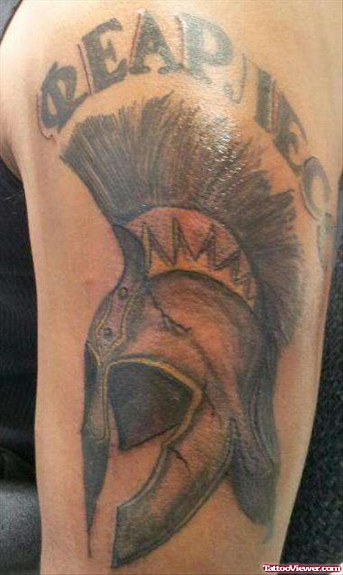 Grey Ink Spartan Greek Tattoo On Left Half Sleeve